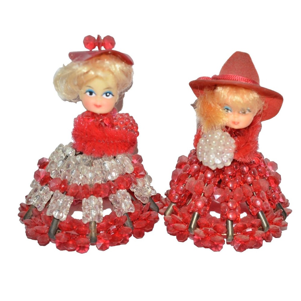 Vtg Safety Pin And Bead Dolls Christmas Red Dress 2 pc set Retro from Kit